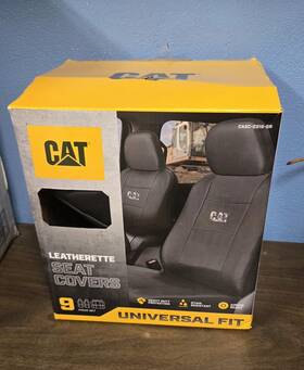 Casc-2319-gr Caterpillar Cat Camo Logo On Black Leather Front And Rear Seat Covers Universal Fit