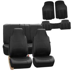 Fh Group Pu103112black-f11306black Highback Seat Cover Leather Solid Black Combo With Floor Mats For Auto