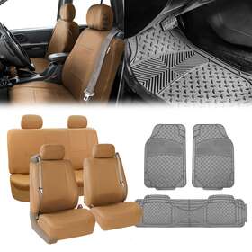 Pu309tan114-f11307gray Fh Group Pu Leather Tan Integrated Seatbelt Seat Covers With Gray Floor Mats