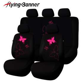 Fb-106-01 Flying Banner Universal Car Seat Covers Rear Split Black Pink / Rose Red Lace Butterfly Auto